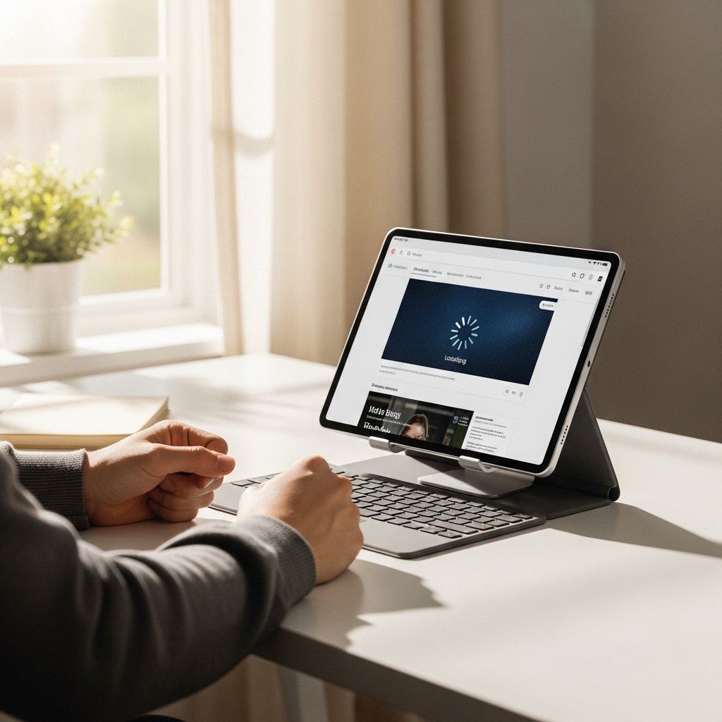 Create a realistic, high-quality DSLR-style photo of a tablet-focused scene for a blog about RCA Tab