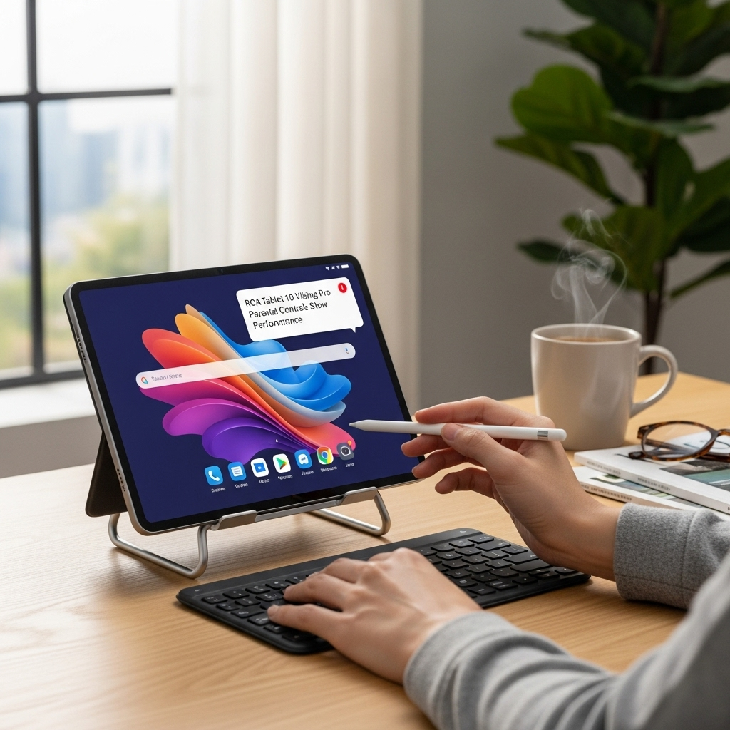 Create a realistic, high-quality DSLR-style photo of a tablet-focused scene for a blog about RCA Tab