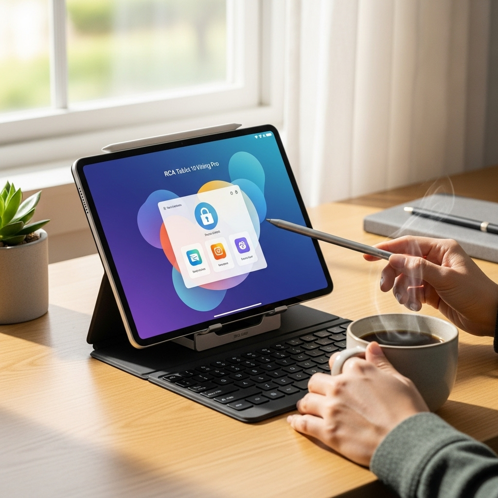 Create a realistic, high-quality DSLR-style photo of a tablet-focused scene for a blog about RCA Tab