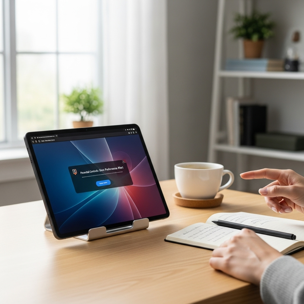 Create a realistic, high-quality DSLR-style photo of a tablet-focused scene for a blog about RCA Tab