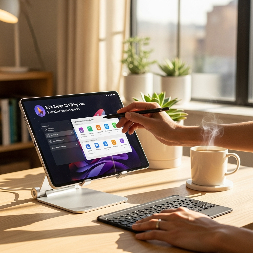 Create a realistic, high-quality DSLR-style photo of a tablet-focused scene for a blog about RCA Tab
