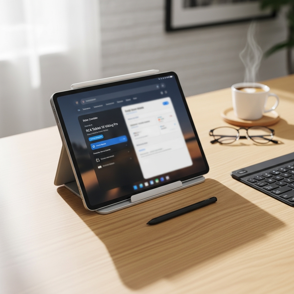 Create a realistic, high-quality DSLR-style photo of a tablet-focused scene for a blog about RCA Tab