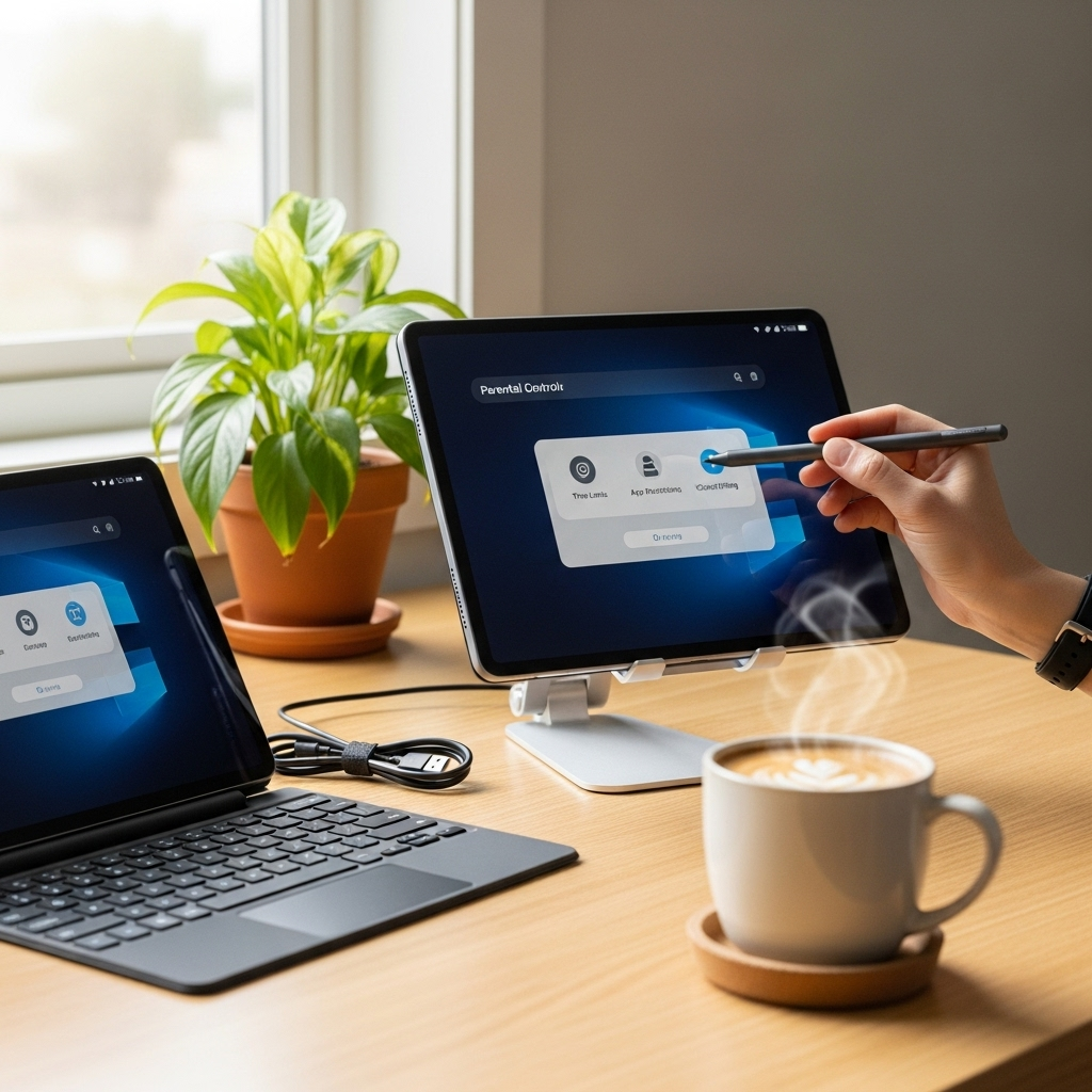 Create a realistic, high-quality DSLR-style photo of a tablet-focused scene for a blog about RCA Tab
