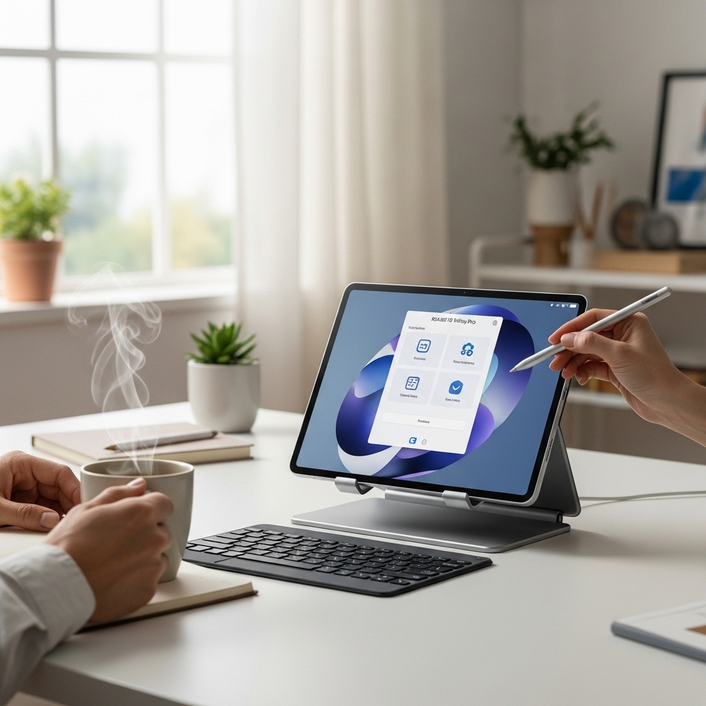 Create a realistic, high-quality DSLR-style photo of a tablet-focused scene for a blog about RCA Tab