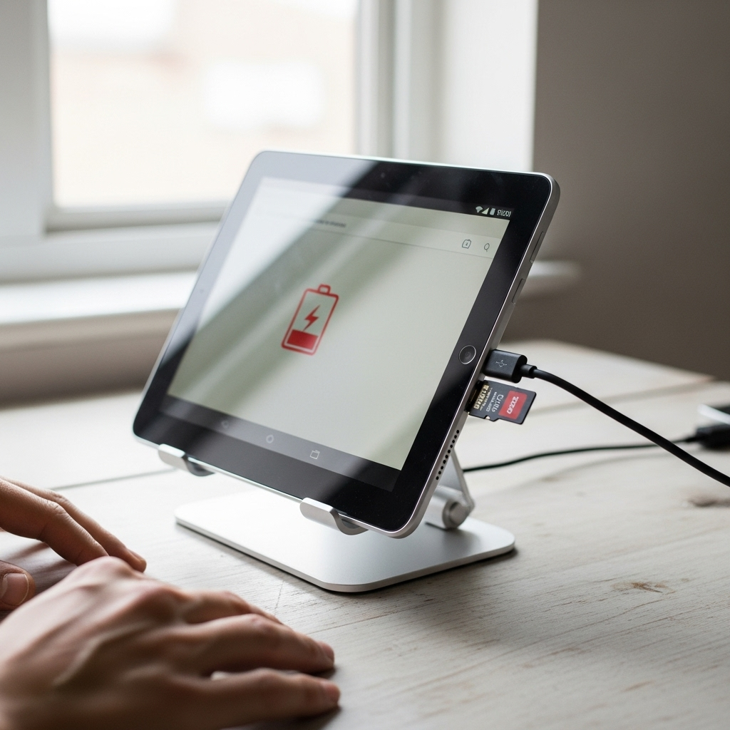 Create a realistic, high-quality DSLR-style photo of a tablet-focused scene for a blog about RCA Tab