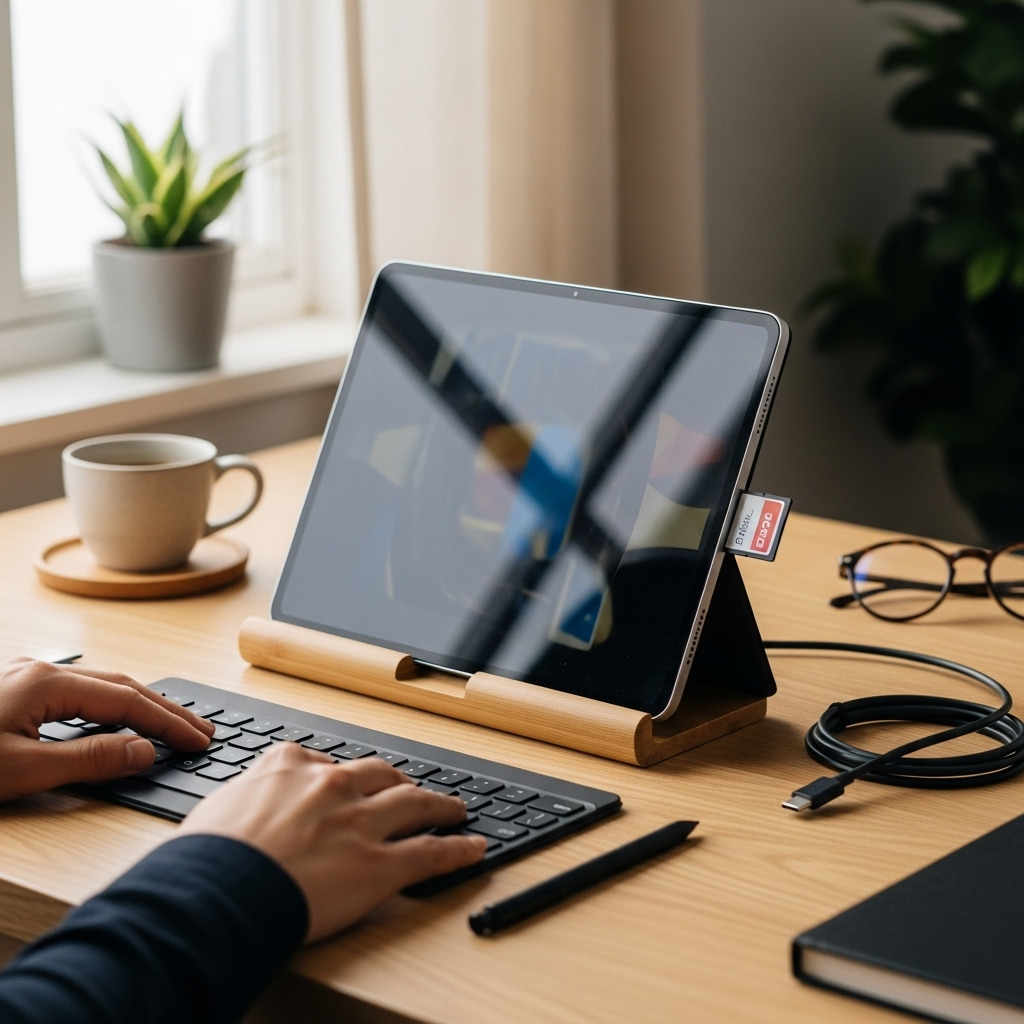 Create a realistic, high-quality DSLR-style photo of a tablet-focused scene for a blog about RCA Tab