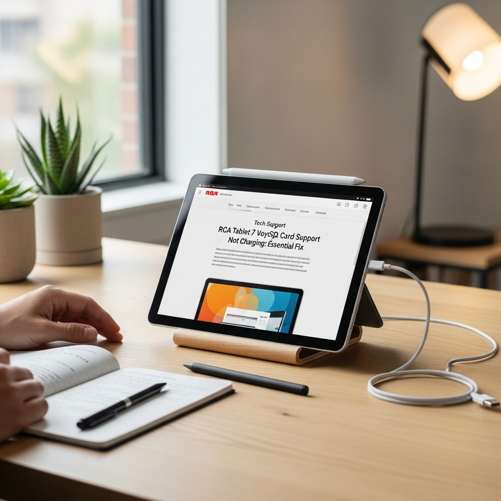 Create a realistic, high-quality DSLR-style photo of a tablet-focused scene for a blog about RCA Tab