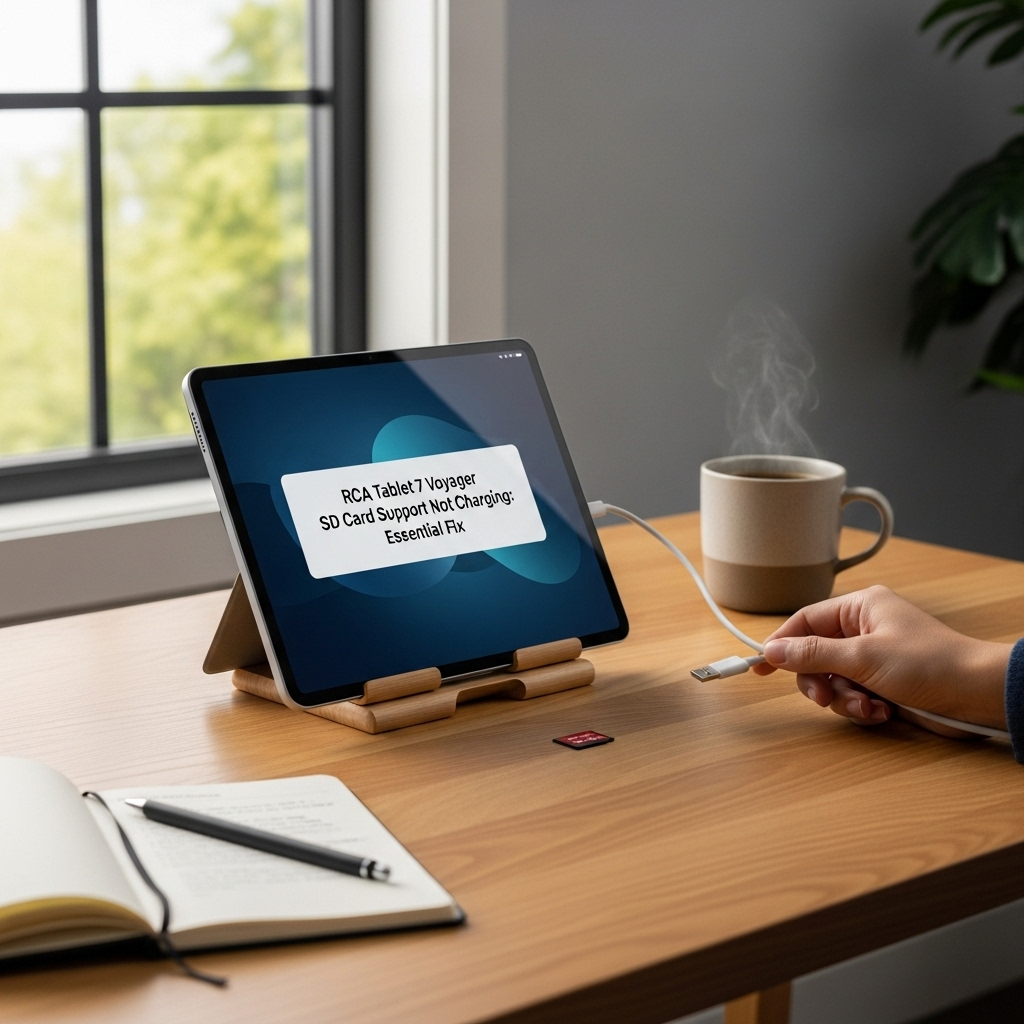 Create a realistic, high-quality DSLR-style photo of a tablet-focused scene for a blog about RCA Tab