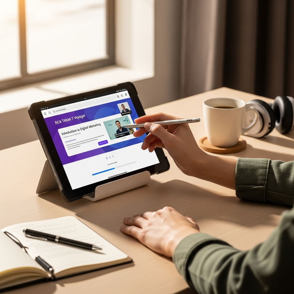 Create a realistic, high-quality DSLR-style photo of a tablet-focused scene for a blog about RCA Tab