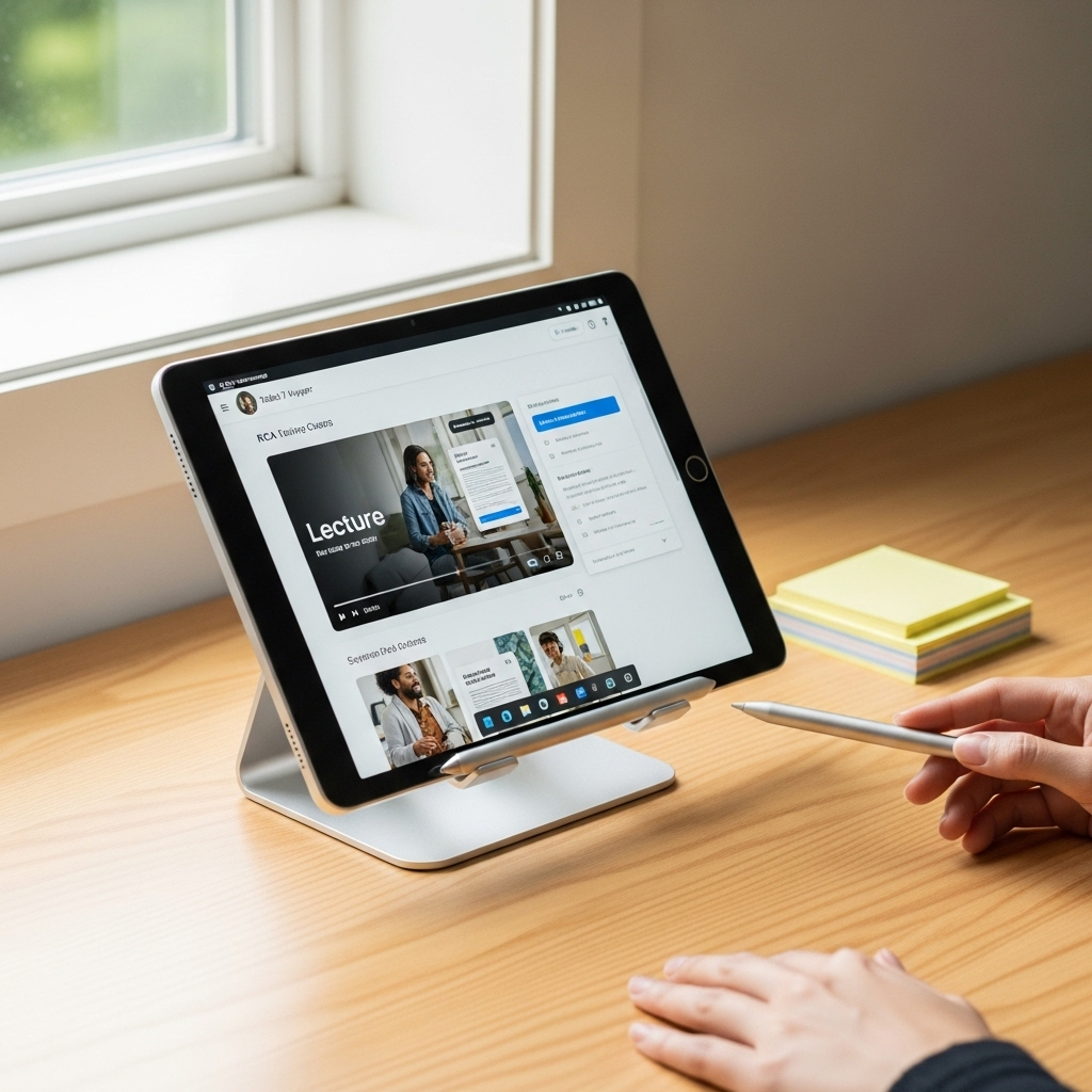 Create a realistic, high-quality DSLR-style photo of a tablet-focused scene for a blog about RCA Tab