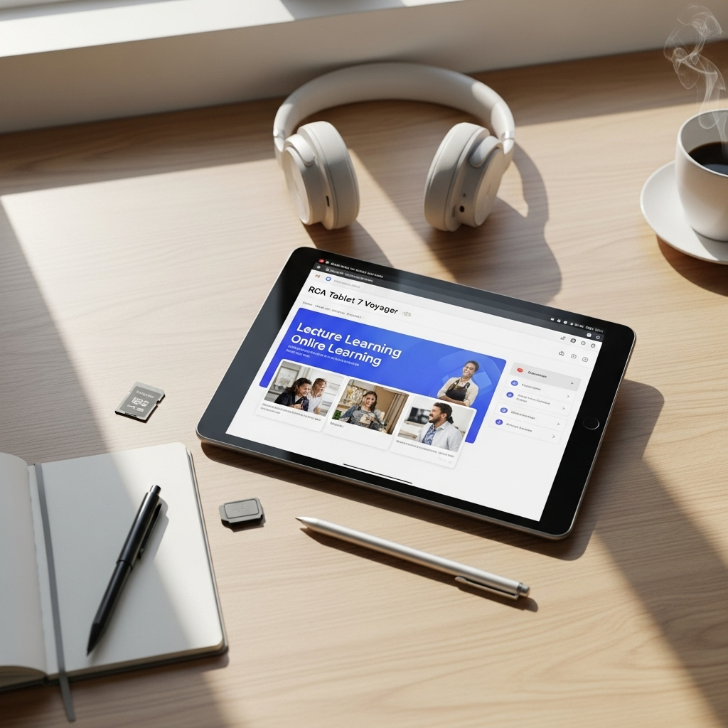 Create a realistic, high-quality DSLR-style photo of a tablet-focused scene for a blog about RCA Tab