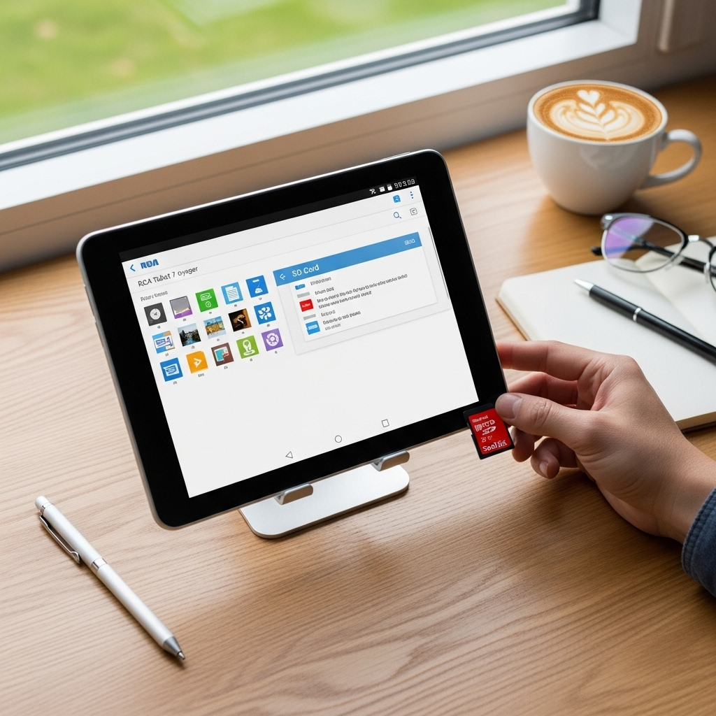 Create a realistic, high-quality DSLR-style photo of a tablet-focused scene for a blog about RCA Tab