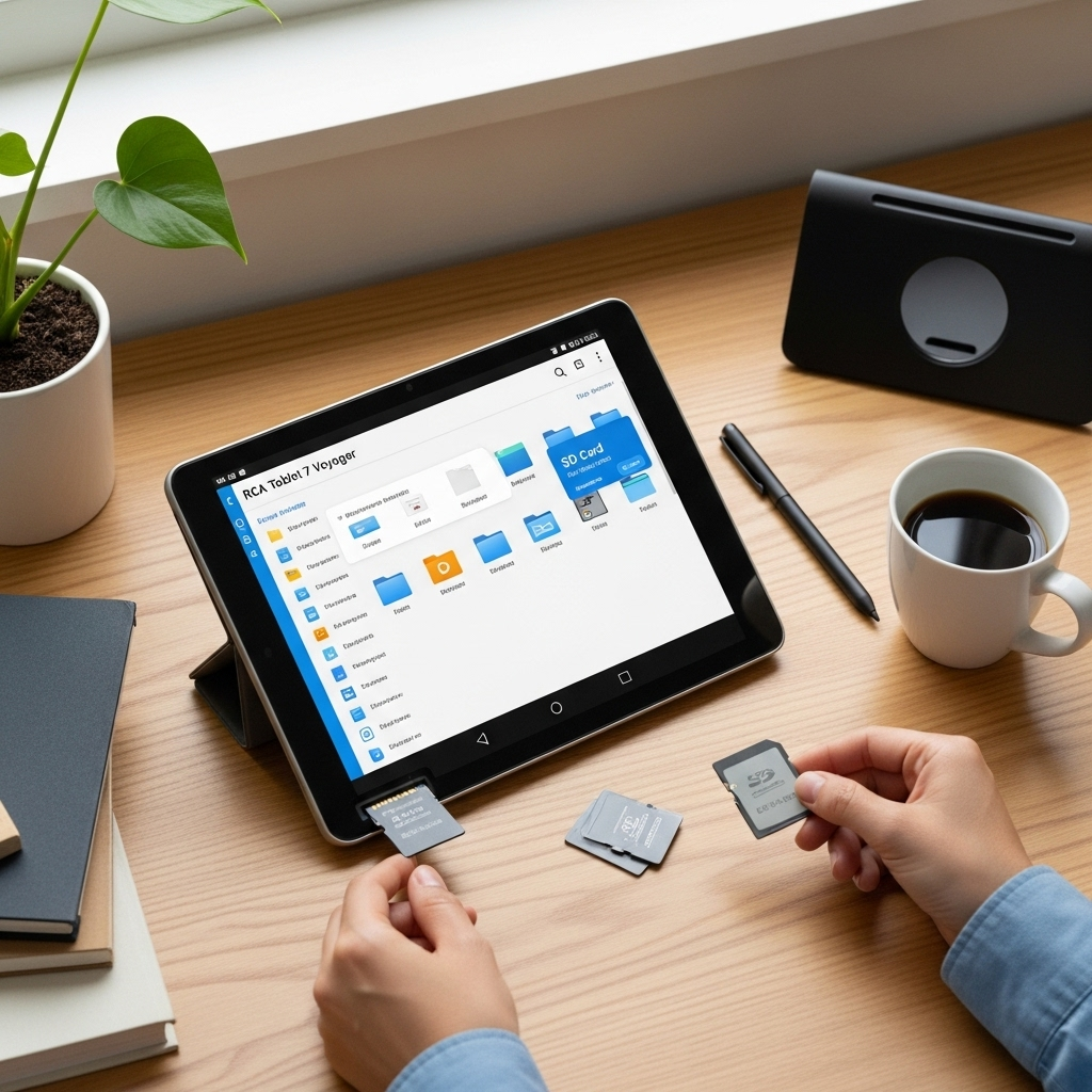 Create a realistic, high-quality DSLR-style photo of a tablet-focused scene for a blog about RCA Tab