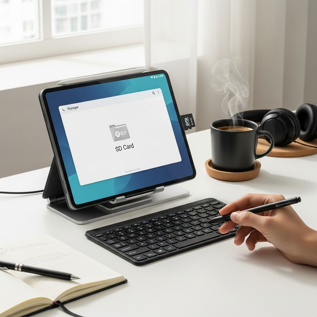 Create a realistic, high-quality DSLR-style photo of a tablet-focused scene for a blog about RCA Tab