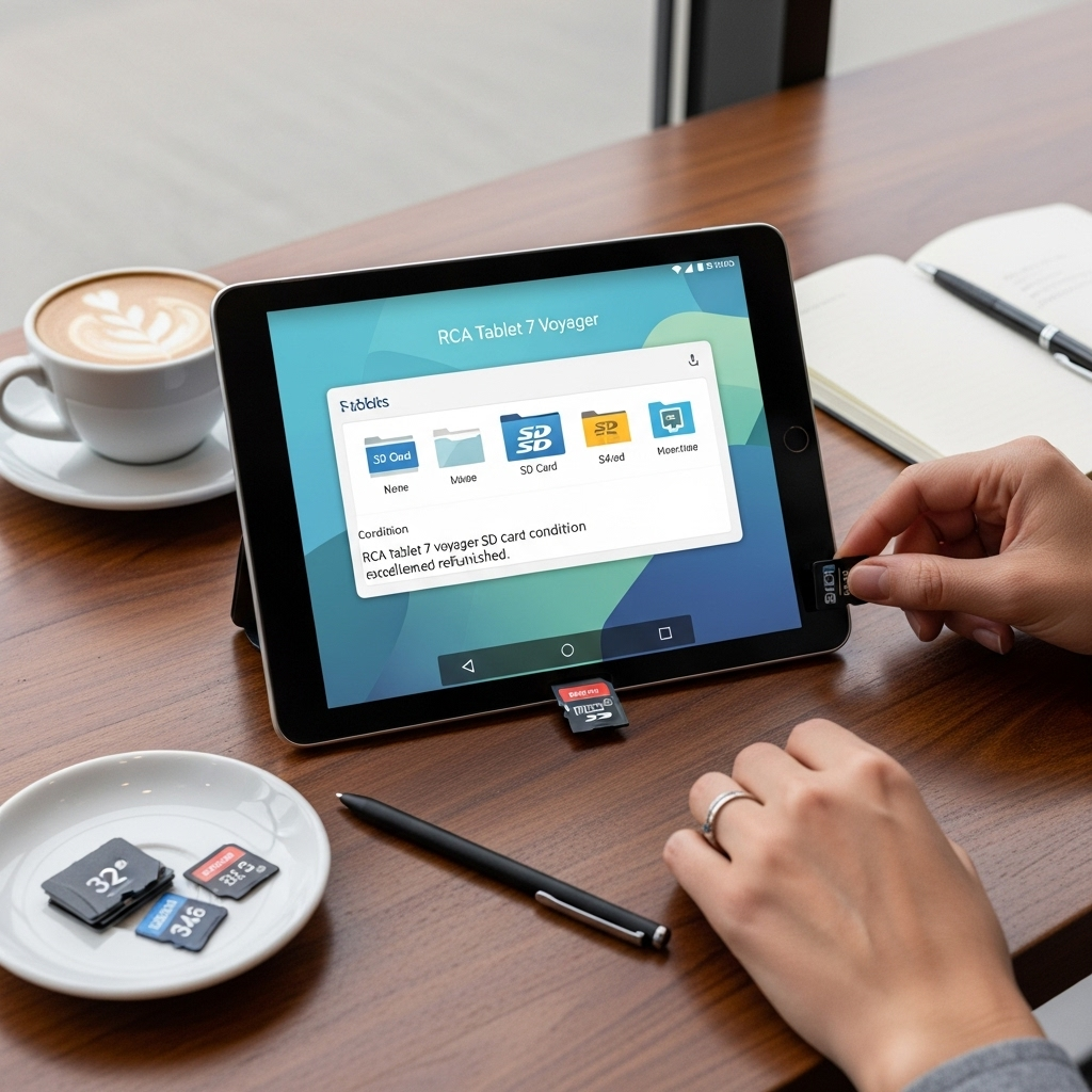 Create a realistic, high-quality DSLR-style photo of a tablet-focused scene for a blog about RCA Tab