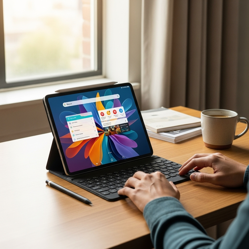 Create a realistic, high-quality DSLR-style photo of a tablet-focused scene for a blog about RCA Tab