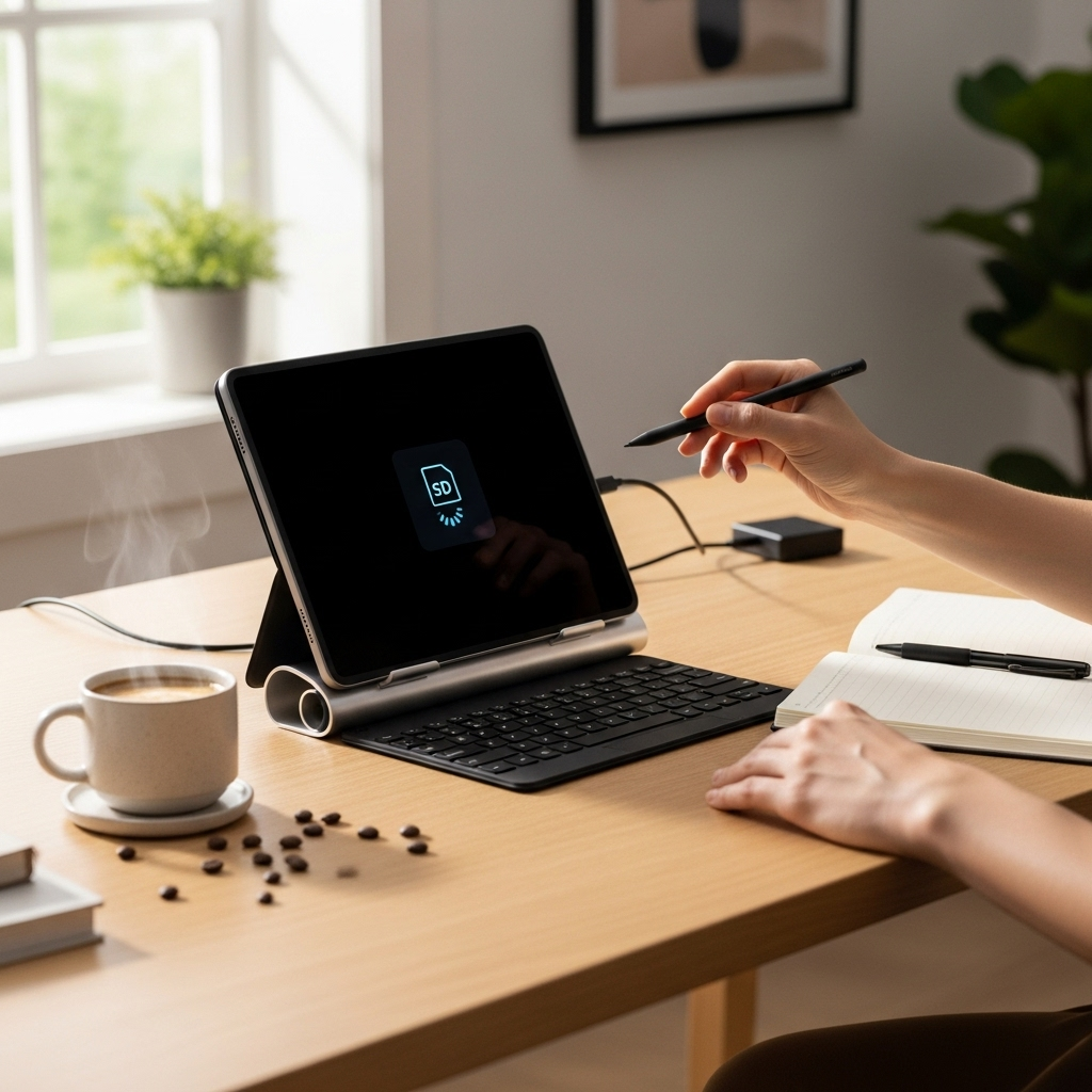 Create a realistic, high-quality DSLR-style photo of a tablet-focused scene for a blog about RCA Tab
