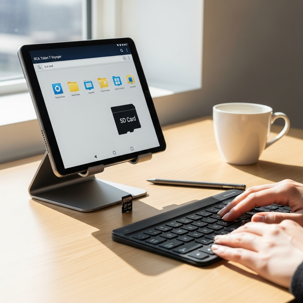 Create a realistic, high-quality DSLR-style photo of a tablet-focused scene for a blog about RCA Tab