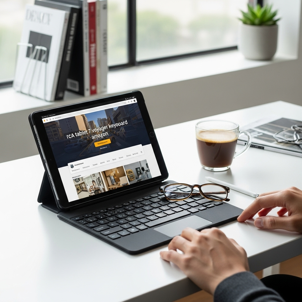 Create a realistic, high-quality DSLR-style photo of a tablet-focused scene for a blog about RCA Tab
