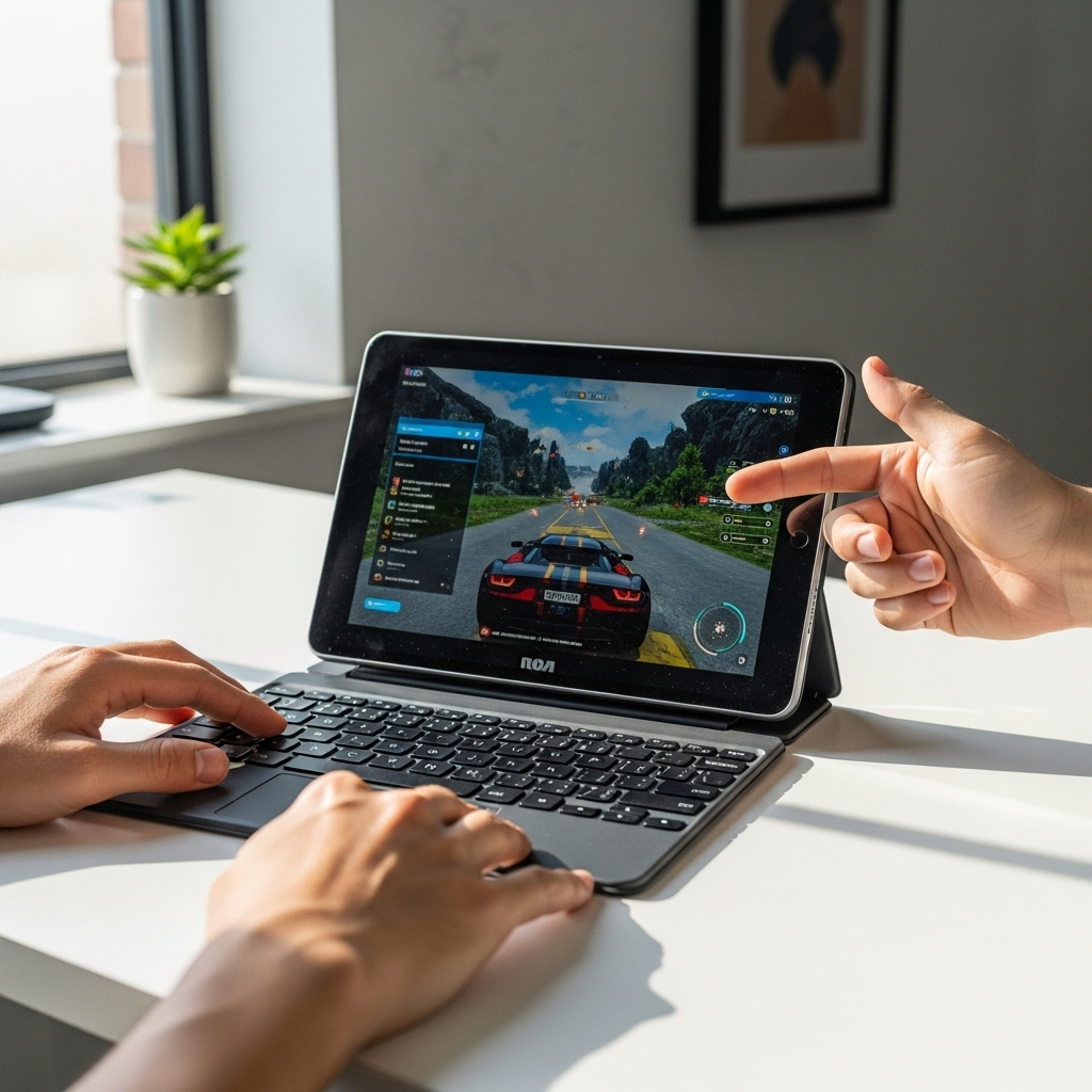 Create a realistic, high-quality DSLR-style photo of a tablet-focused scene for a blog about RCA Tab
