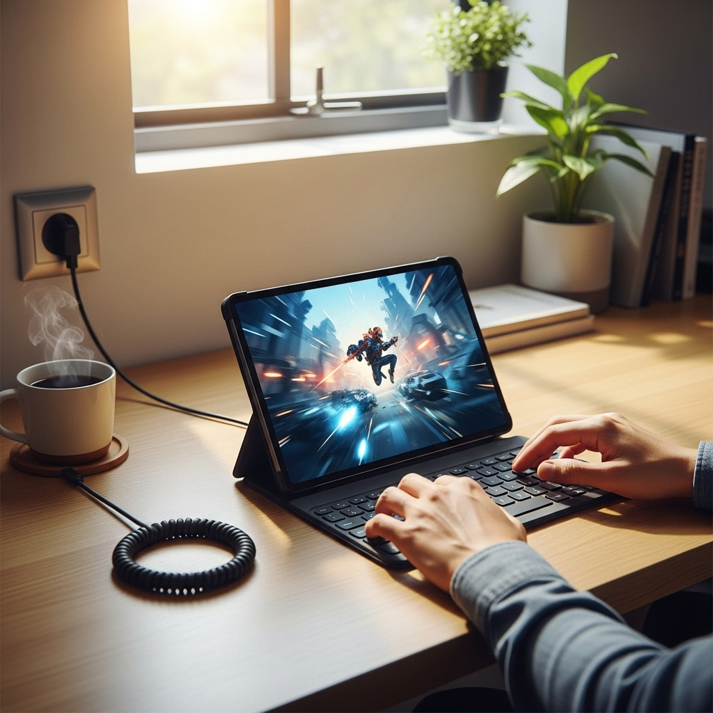 Create a realistic, high-quality DSLR-style photo of a tablet-focused scene for a blog about RCA Tab