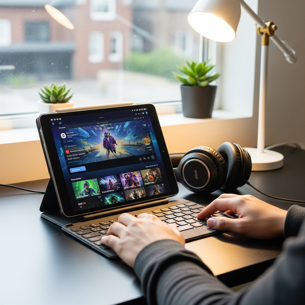 Create a realistic, high-quality DSLR-style photo of a tablet-focused scene for a blog about RCA Tab
